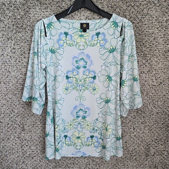 JM Collection Top Womens Small Teal Floral Print Blouse Cold‎ Shoulder Ladies - Picture 1 of 7